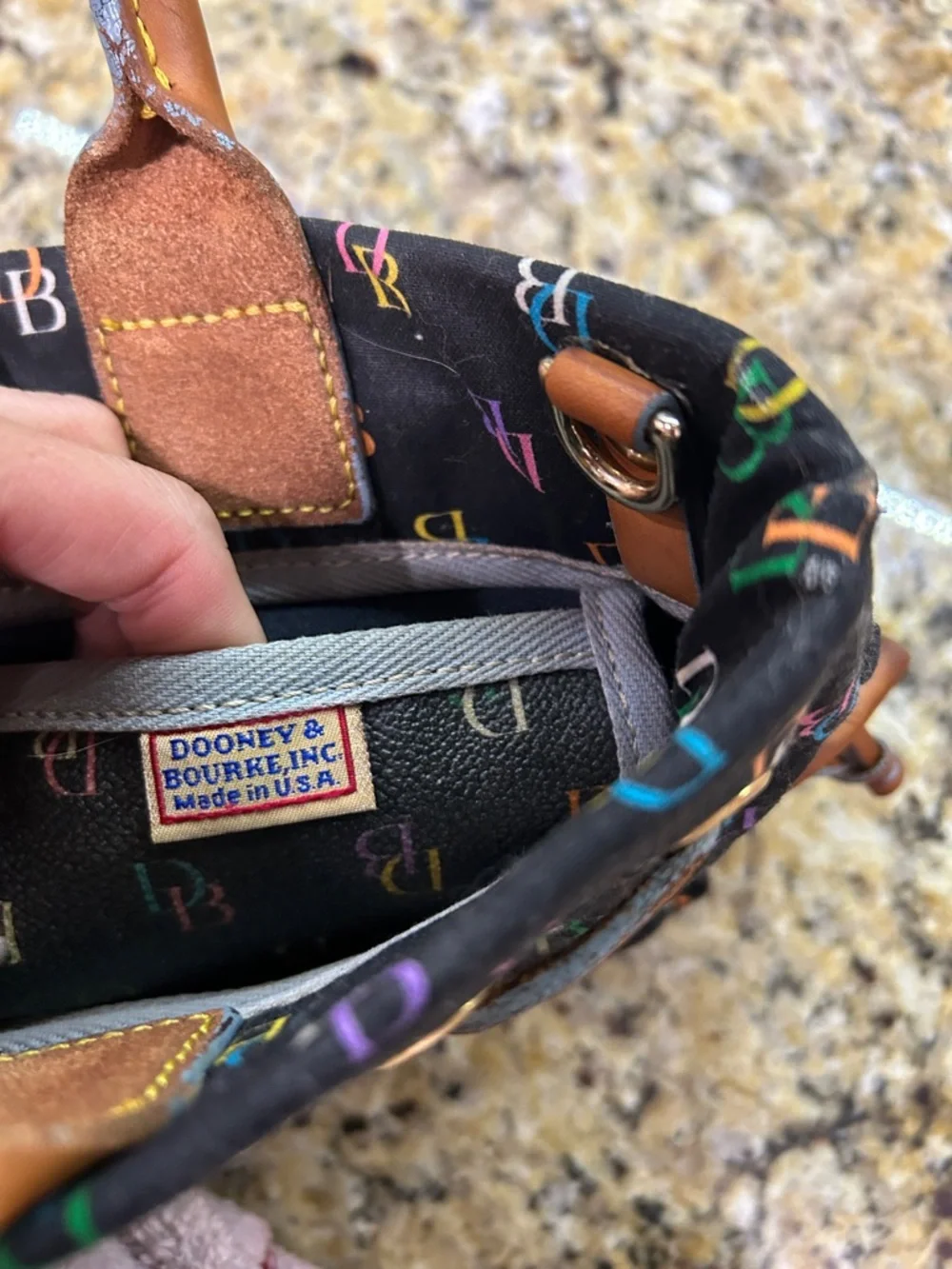 Dooney & Bourke Uncoated Black Multicolor DB Logo Tote with Tan Leather Handles
